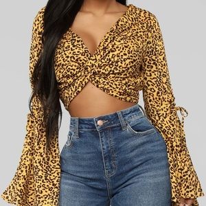Animal print crop top with flared sleeves